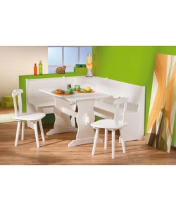 TAVOLO PANCA E 2 SEDIE IN PINO MASSELLO BIANCO,  124/146X49X86 CM