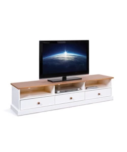 PORTA TV IN PINO MASSELLO BIANCO E NOCE 3 CASSETTI, 180X45,5X41 CM