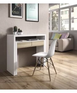 SCRIVANIA CONSOLLE ESTENSIBILE BIANCA CON CASSETTI ROVERE