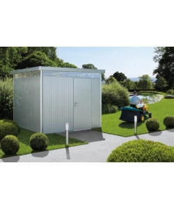 CASETTA DA GIARDINO BIOHORT "HIGHLINE H4" IN ACCIAIO ZINCATO COLORE ARGENTO METALLIZZATO CON PORTA BATTENTE SEMPLICE 275X275X222 CM - COD. 83050