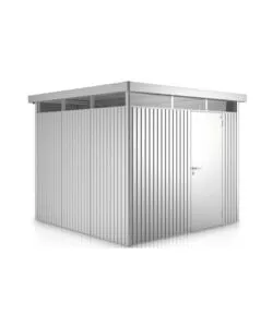CASETTA DA GIARDINO BIOHORT "HIGHLINE H4" IN ACCIAIO ZINCATO COLORE ARGENTO METALLIZZATO CON PORTA BATTENTE SEMPLICE 275X275X222 CM - COD. 83050