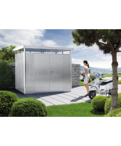 CASETTA DA GIARDINO BIOHORT "HIGHLINE H2" IN ACCIAIO ZINCATO COLORE ARGENTO METALLIZZATO CON PORTA BATTENTE DOPPIO 275X195X222 CM - COD. 83039