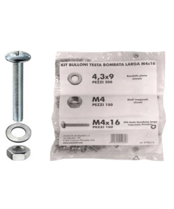 KIT VITI TESTA BOMBATA LARGA Ø 4 X 16 + DADI + RONDELLE - 400 PZ.