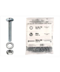 KIT VITI TESTA BOMBATA LARGA Ø 6 X 30 + DADI + RONDELLE - 200 PZ.