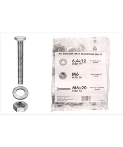 KIT VITI TESTA ESAGONALE M6 X 20 + DADI + RONDELLE - 200 PZ.
