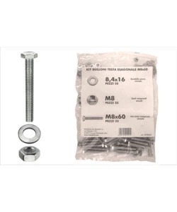 KIT VITI TESTA ESAGONALE M8 X 60 + DADI + RONDELLE - 100 PZ.