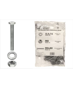 KIT VITI TESTA ESAGONALE M8 X 80 + DADI + RONDELLE - 100 PZ.