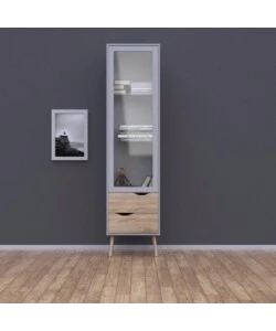 MOBILE VETRINA "OSLO" CON 1 ANTA IN VETRO E 2 CASSETTI COLORE BIANCO E ROVERE