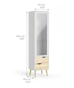 MOBILE VETRINA "OSLO" CON 1 ANTA IN VETRO E 2 CASSETTI COLORE BIANCO E ROVERE