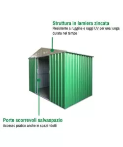 CASETTA DA GIARDINO IN LAMIERA ZINCATA DOMUS "S" VERDE CON PORTE SCORREVOLI 187X131X194 CM