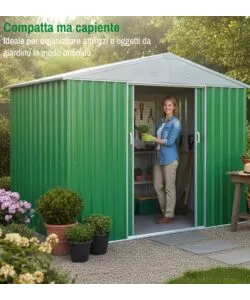 CASETTA DA GIARDINO IN LAMIERA ZINCATA DOMUS "S" VERDE CON PORTE SCORREVOLI 187X131X194 CM