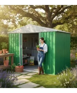 CASETTA DA GIARDINO IN LAMIERA ZINCATA DOMUS "S" VERDE CON PORTE SCORREVOLI 187X131X194 CM