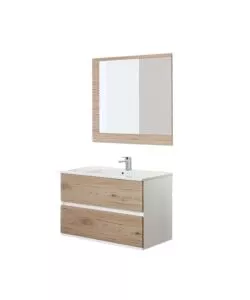 MOBILE BAGNO SOSPESO "FABULA" 2 CASSETTI BIANCO E ROVERE, 90X47X57 CM