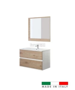 MOBILE BAGNO SOSPESO "FABULA" 2 CASSETTI BIANCO E ROVERE, 90X47X57 CM