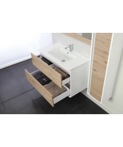 MOBILE BAGNO SOSPESO "FABULA" 2 CASSETTI BIANCO E ROVERE, 90X47X57 CM