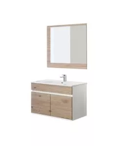 MOBILE BAGNO SOSPESO "FABULA" 2 ANTE BIANCO E ROVERE, 90X47X57 CM