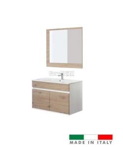 MOBILE BAGNO SOSPESO "FABULA" 2 ANTE BIANCO E ROVERE, 90X47X57 CM