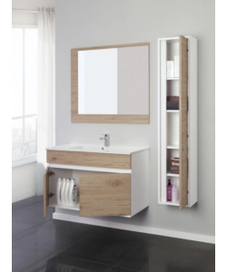MOBILE BAGNO SOSPESO "FABULA" 2 ANTE BIANCO E ROVERE, 90X47X57 CM