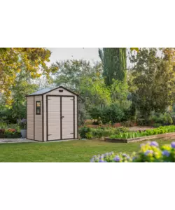 CASETTA DA GIARDINO KETER "MANOR 6x5" IN RESINA COLORE BEIGE CON PORTA BATTENTE DOPPIA 185X152X226 CM