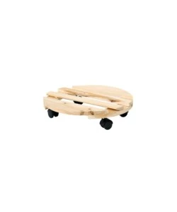 CARRELLO DA ESTERNO PORTA VASO TROLLEY ROTONDO IN LEGNO NATURALE, DIAMETRO 30 CM