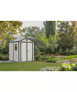 CASETTA DA GIARDINO KETER "MANOR 6x8" IN RESINA COLORE BEIGE CON PORTA BATTENTE DOPPIA 185,8X236,8X227 CM