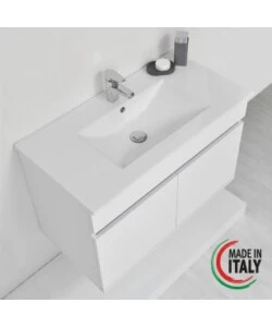 MOBILE BAGNO SOSPESO "FABULA" CON 2 ANTE BIANCO LACCATO, 90X47X57 CM