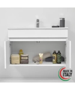 MOBILE BAGNO SOSPESO "FABULA" CON 2 ANTE BIANCO LACCATO, 90X47X57 CM