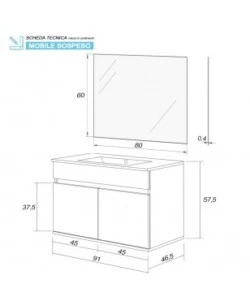 MOBILE BAGNO SOSPESO "FABULA" CON 2 ANTE BIANCO LACCATO, 90X47X57 CM