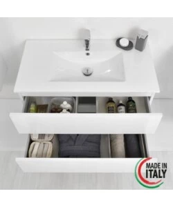 MOBILE BAGNO SOSPESO "FABULA" CON 2 CASSETTI BIANCO LACCATO, 90X47X57 CM