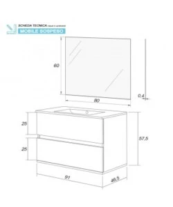MOBILE BAGNO SOSPESO "FABULA" CON 2 CASSETTI BIANCO LACCATO, 90X47X57 CM