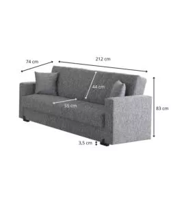 DIVANO LETTO "MALI" 3 POSTI IN TESSUTO GRIGIO CON CASSETTONE, 212X74X83 CM