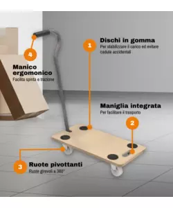 CARRELLO TRASPORTO PIEGHEVOLE EASY SYSTEM CON MANICO E RUOTE PIVOTANTI IN LEGNO PORTATA 200 KG 58X29X1,8 CM