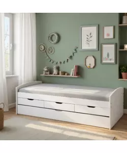 LETTO SINGOLO CON 3 CASSETTI E LETTO ESTRAIBILE IN PINO BIANCO 90X200 CM