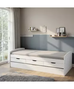 LETTO SINGOLO CON 3 CASSETTI E LETTO ESTRAIBILE IN PINO BIANCO 90X200 CM