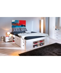 Letto matrimoniale con vani contenitori e comodini estraibili con ruote incluse  "Till" bianco 140x200 cm
