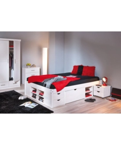 Letto matrimoniale con vani contenitori e comodini estraibili con ruote incluse  "Till" bianco 140x200 cm