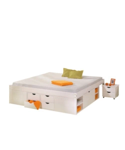 Letto matrimoniale con contenitori e comodini estraibili con ruote "Till" bianco 180x200 cm