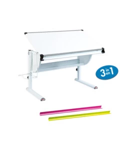 SCRIVANIA INCLINABILE CON COLORI INTERCAMBIABILI, CONTENITORE E GAMBE IN METALLO.