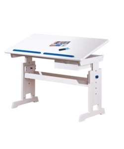 SCRIVANIA IN PINO MASSELLO FINITURA BIANCO ROSA/BLU . PIANO INCLINABILE E STRUTTURA REGOLABILE IN ALTEZZA. DIM. 109X55X64-90H. ARTICOLO IN KIT.