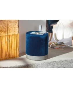 POUF BLU E GRIGIO CON MANIGLIA IN ECOPELLE, 38X32,5X43 CM