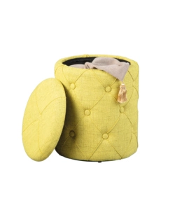 POUFF CONTENITORE IN TESSUTO GIALLO CHIARO TRAPUNTATO, 34X34X40 CM