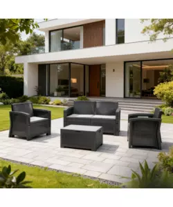 SET DA GIARDINO "NEW YORK" IN POLIPROPILENE CON CUSCINI ANTRACITE 4 SEDUTE E TAVOLINO