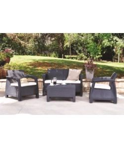 SET DA GIARDINO "CORFU LOUNGE" CON 2 POLTRONE, DIVANO 2 POSTI E TAVOLINO, COLORE GRAFITE - KETER
