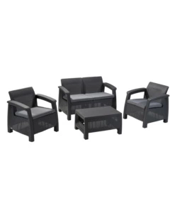 SET DA GIARDINO "CORFU LOUNGE" CON 2 POLTRONE, DIVANO 2 POSTI E TAVOLINO, COLORE GRAFITE - KETER