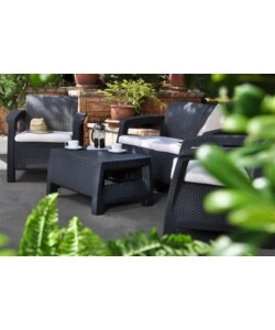 SET DA GIARDINO "CORFU LOUNGE" CON 2 POLTRONE, DIVANO 2 POSTI E TAVOLINO, COLORE GRAFITE - KETER
