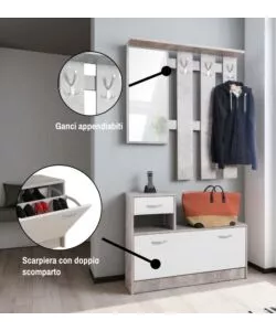MOBILE DA INGRESSO BELLAHOME CON SPECCHIO E APPENDIABITI BIANCO E CEMENTO 100X25X180 CM