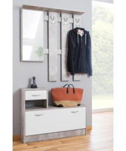 MOBILE DA INGRESSO BELLAHOME CON SPECCHIO E APPENDIABITI BIANCO E CEMENTO, 100X25X180 CM