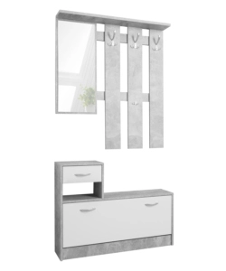 MOBILE DA INGRESSO BELLAHOME CON SPECCHIO E APPENDIABITI BIANCO E CEMENTO, 100X25X180 CM