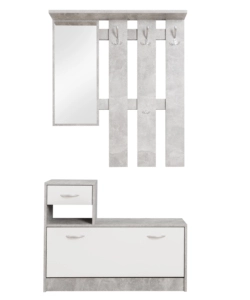MOBILE DA INGRESSO BELLAHOME CON SPECCHIO E APPENDIABITI BIANCO E CEMENTO, 100X25X180 CM