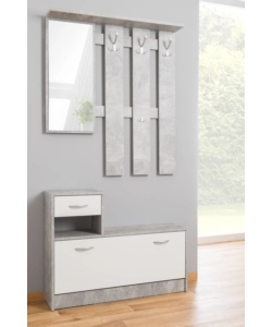 MOBILE DA INGRESSO BELLAHOME CON SPECCHIO E APPENDIABITI BIANCO E CEMENTO, 100X25X180 CM